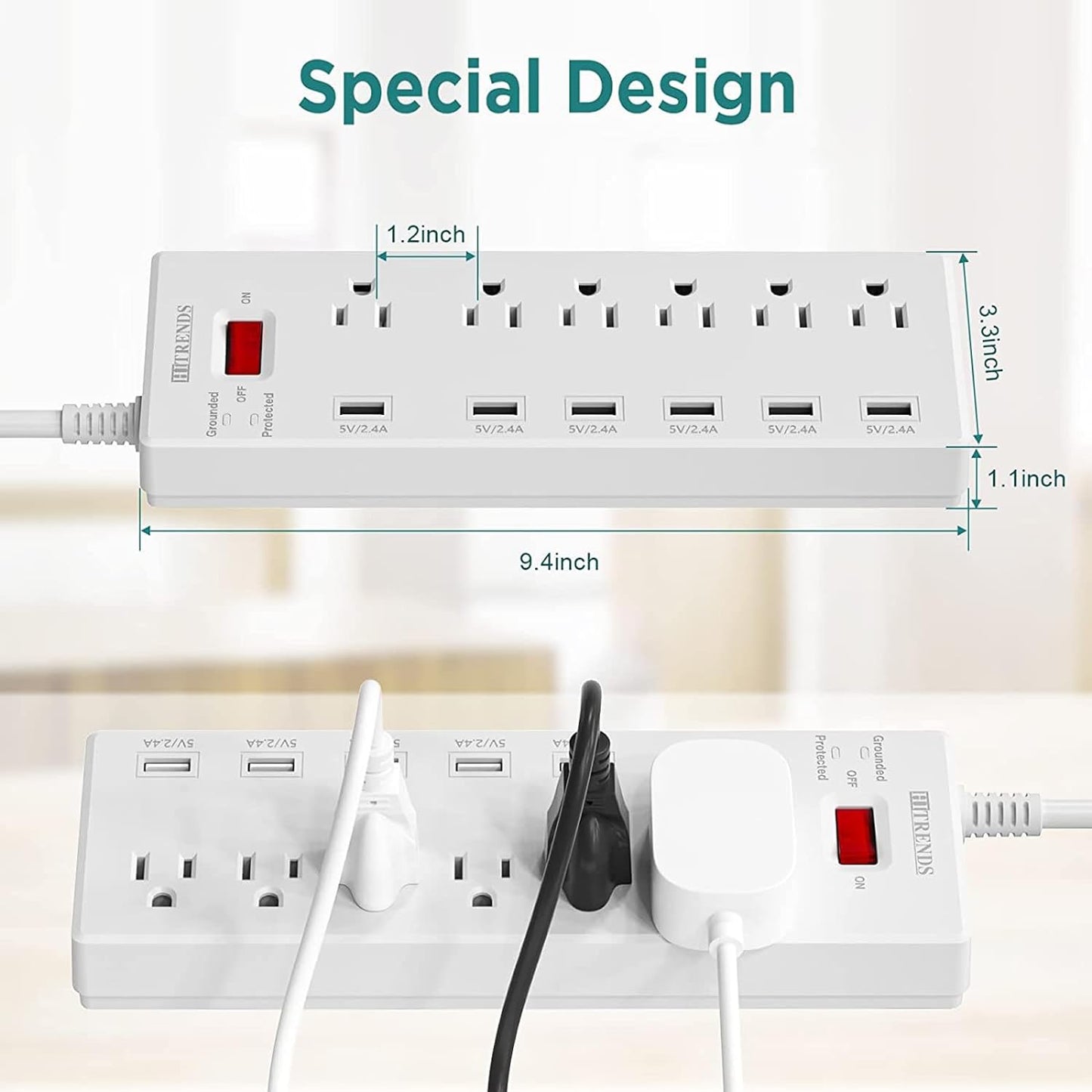 Surge Protector Power Strip with 6 Outlets and 6 USB Charging Ports, 1625W/13A Multi-Device Extension Cord (6ft, White)