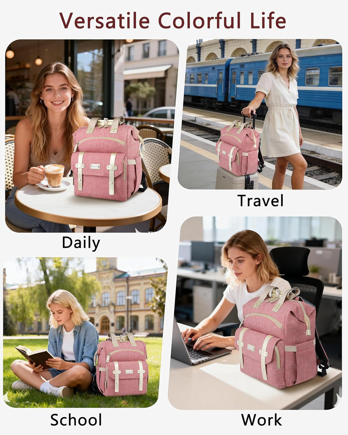 Women's Wide-Open Work Backpack: Large Student Bookbag for 15.6-Inch Laptop, Ideal for Professionals and Students, Water-Resistant Travel Bag in Pink