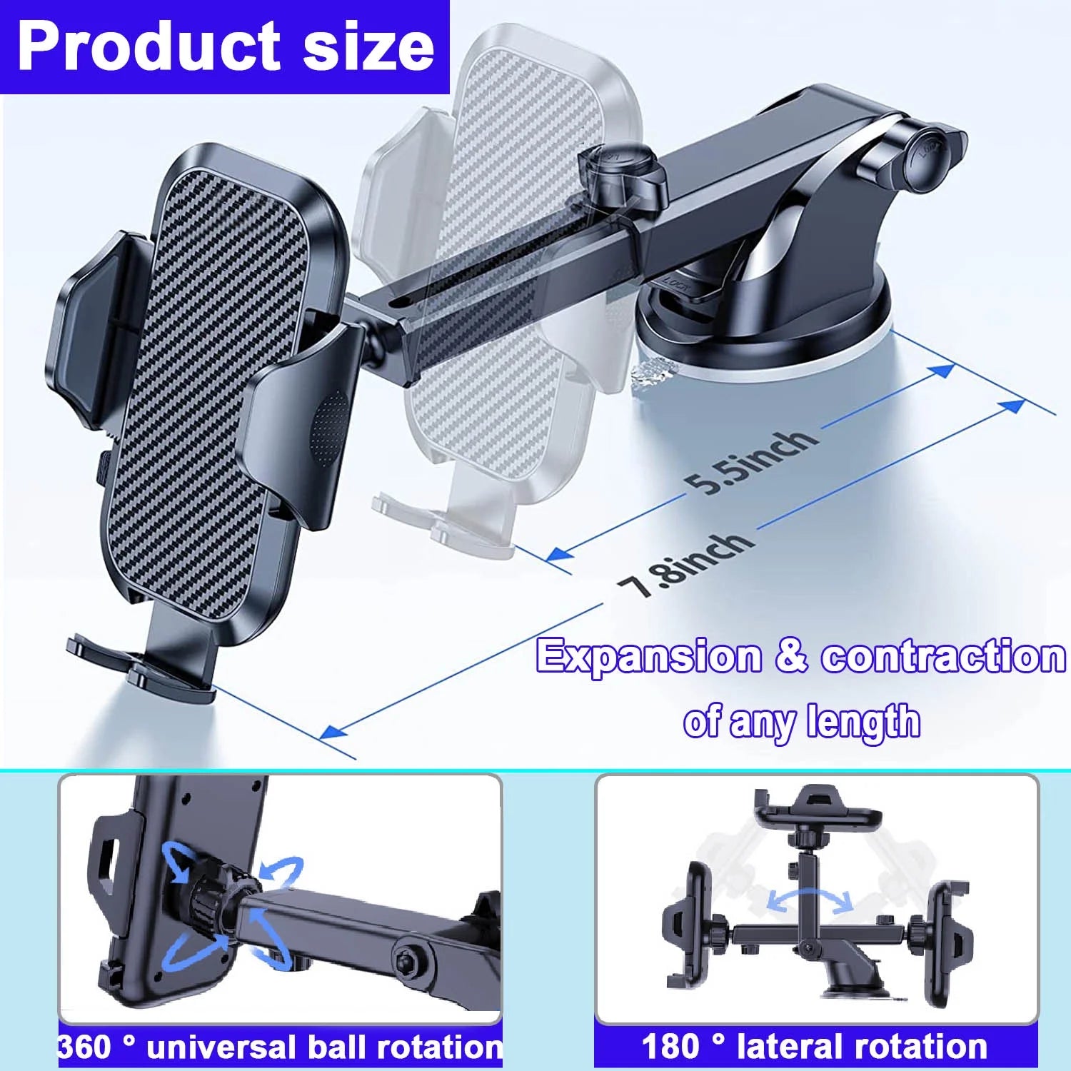Universal Car Phone Mount with Air Vent Clip and Extended Arm for All Smartphones