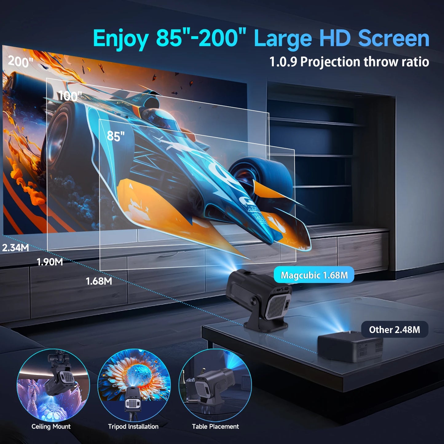 HY320 Mini Native 720P Android 11 4K Projector with 300 ANSI Lumens, WiFi 6, Bluetooth 5.0, Outdoor Portable Design, and 180° Rotatable Feature