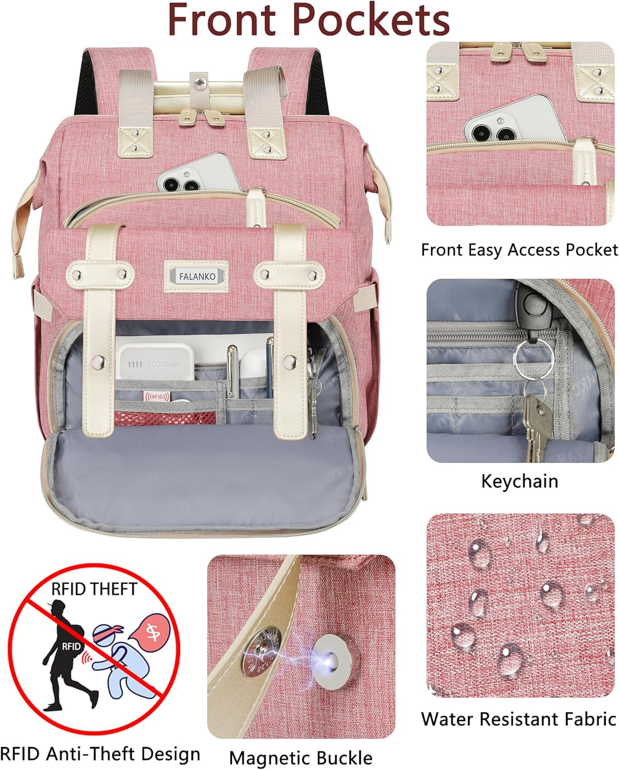 Women's Wide-Open Work Backpack: Large Student Bookbag for 15.6-Inch Laptop, Ideal for Professionals and Students, Water-Resistant Travel Bag in Pink