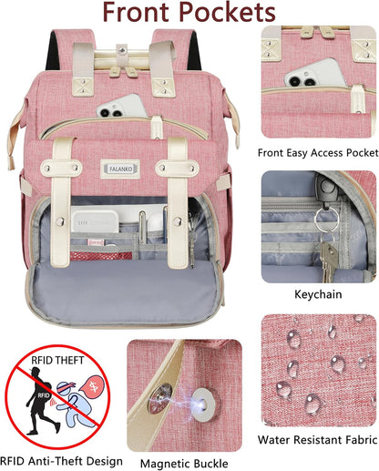 Women's Wide-Open Work Backpack: Large Student Bookbag for 15.6-Inch Laptop, Ideal for Professionals and Students, Water-Resistant Travel Bag in Pink
