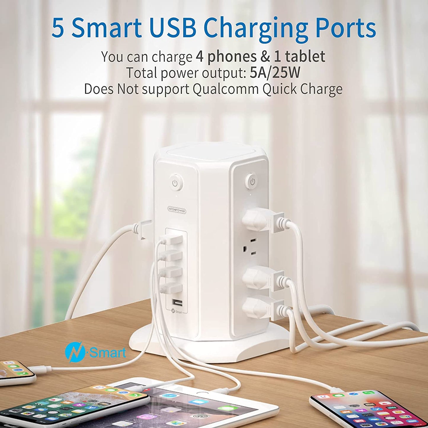 Power Strip Tower Surge Protector with 8 Outlets and 5 USB Ports, 1625W 13A Desktop Charging Station, 6Ft Flat Plug Extension Cord, Individual Switches, 1080 Joules Overload Protection for Home Office