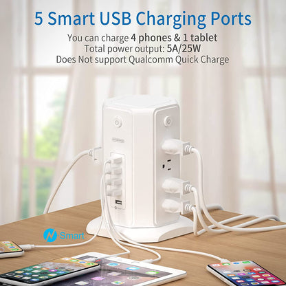 Power Strip Tower Surge Protector with 8 Outlets and 5 USB Ports, 1625W 13A Desktop Charging Station, 6Ft Flat Plug Extension Cord, Individual Switches, 1080 Joules Overload Protection for Home Office