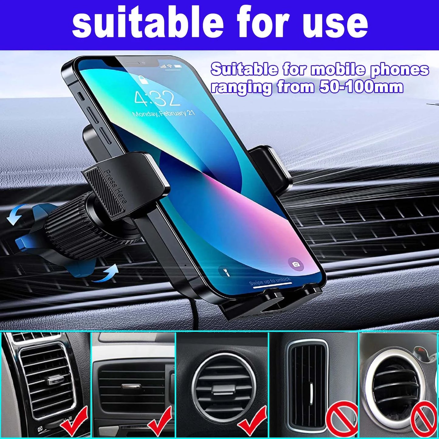 Universal Car Phone Mount with Air Vent Clip and Extended Arm for All Smartphones
