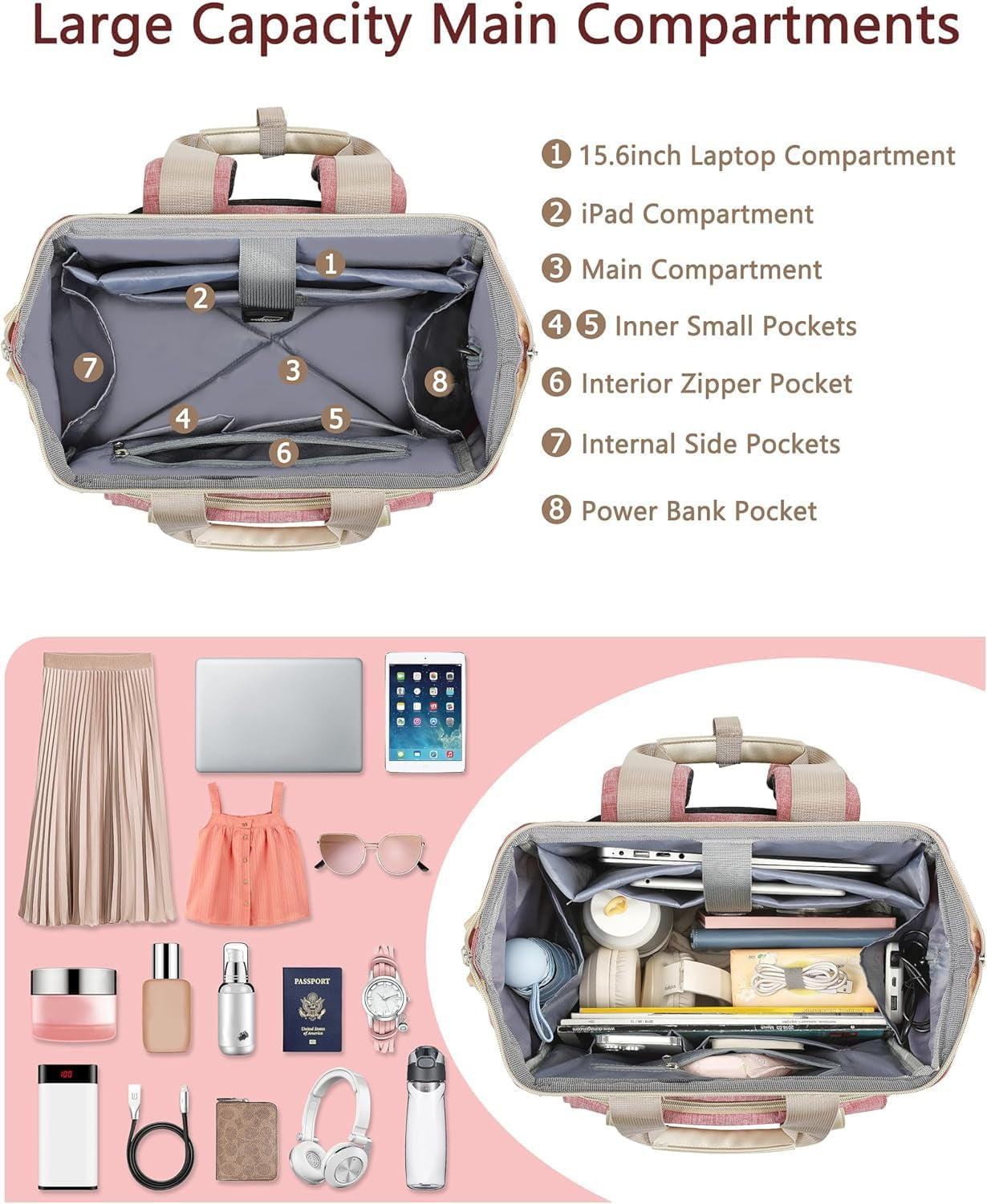 Women's Wide-Open Work Backpack: Large Student Bookbag for 15.6-Inch Laptop, Ideal for Professionals and Students, Water-Resistant Travel Bag in Pink