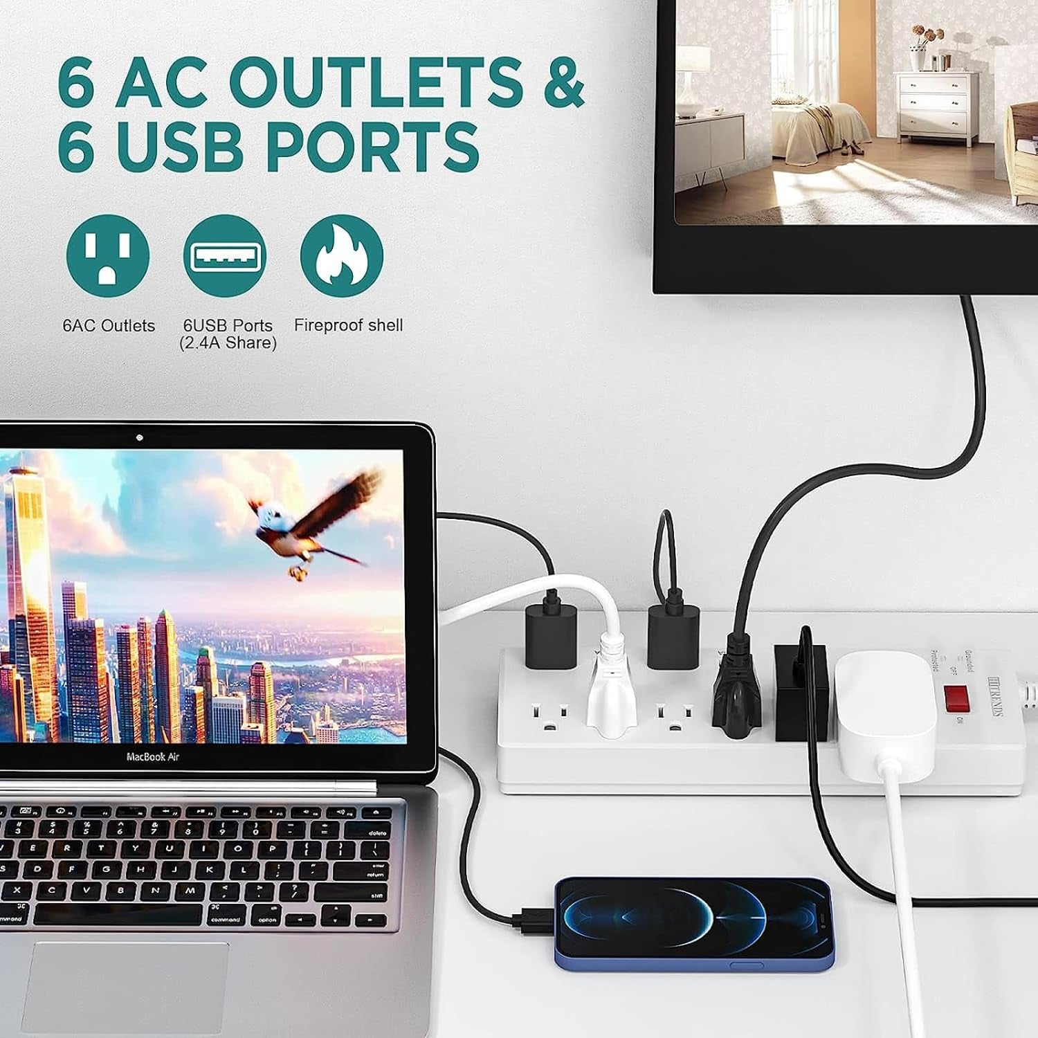 Surge Protector Power Strip with 6 Outlets and 6 USB Charging Ports, 1625W/13A Multi-Device Extension Cord (6ft, White)