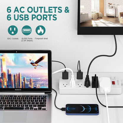 Surge Protector Power Strip with 6 Outlets and 6 USB Charging Ports, 1625W/13A Multi-Device Extension Cord (6ft, White)