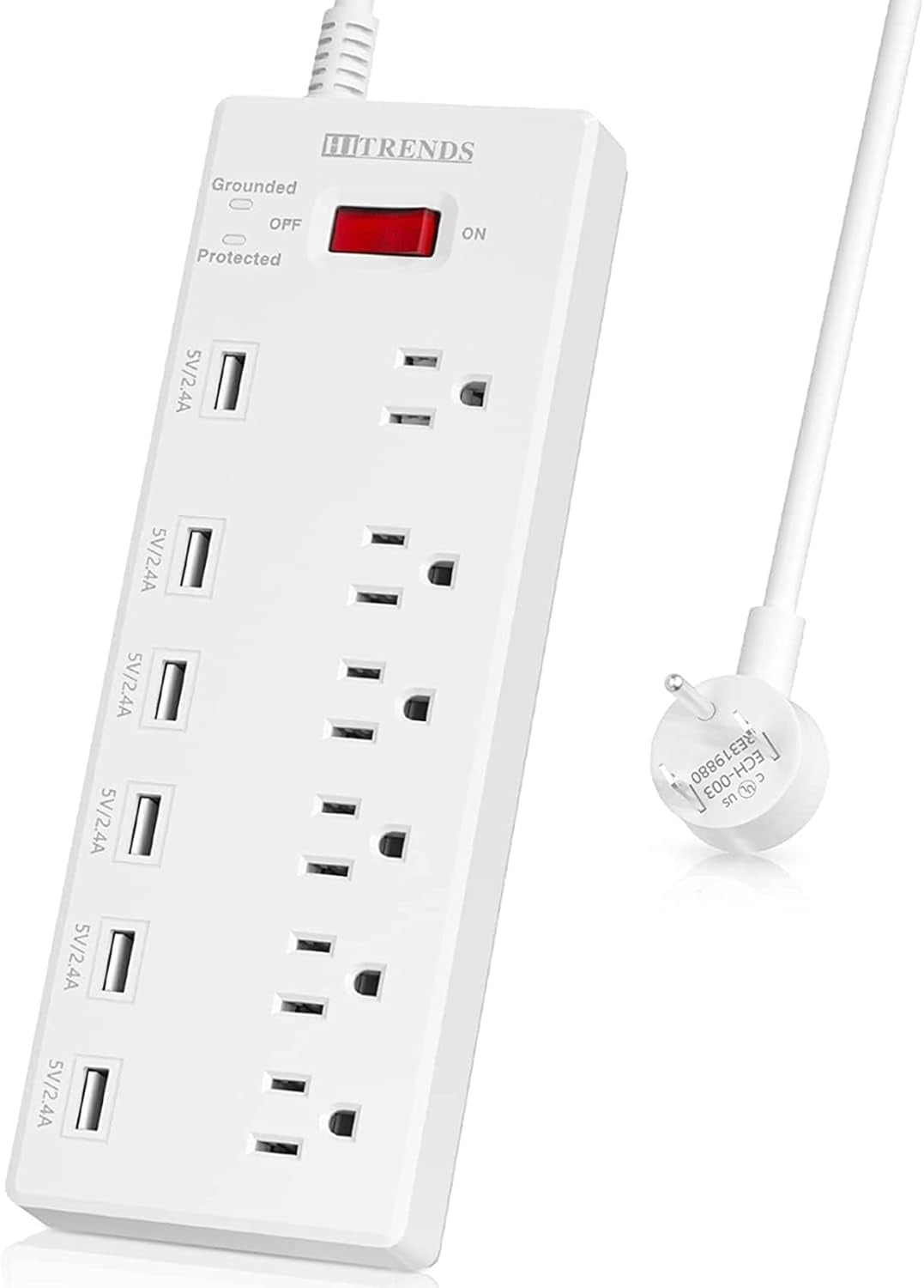Surge Protector Power Strip with 6 Outlets and 6 USB Charging Ports, 1625W/13A Multi-Device Extension Cord (6ft, White)