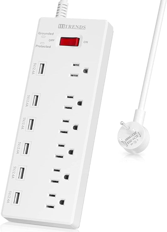 Surge Protector Power Strip with 6 Outlets and 6 USB Charging Ports, 1625W/13A Multi-Device Extension Cord (6ft, White)