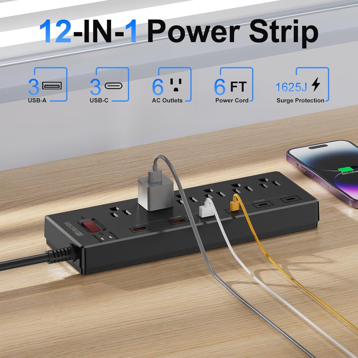 Surge Protector Power Strip with 6 AC Outlets and 6 USB Ports (3 USB-C & 3 USB-A), 20W PD Fast Charging, 6 Ft Flat Plug Extension Cord, 1625W/13A for Home Office Use