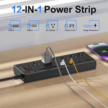 Surge Protector Power Strip with 6 AC Outlets and 6 USB Ports (3 USB-C & 3 USB-A), 20W PD Fast Charging, 6 Ft Flat Plug Extension Cord, 1625W/13A for Home Office Use