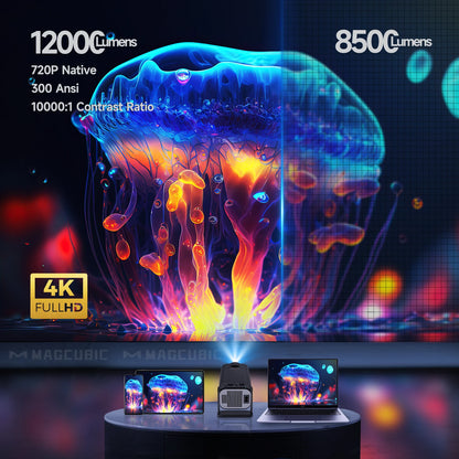 HY320 Mini Native 720P Android 11 4K Projector with 300 ANSI Lumens, WiFi 6, Bluetooth 5.0, Outdoor Portable Design, and 180° Rotatable Feature