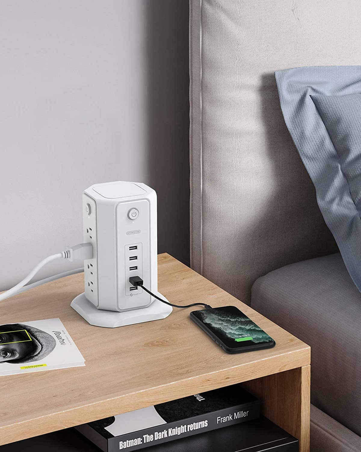 Power Strip Tower Surge Protector with 8 Outlets and 5 USB Ports, 1625W 13A Desktop Charging Station, 6Ft Flat Plug Extension Cord, Individual Switches, 1080 Joules Overload Protection for Home Office