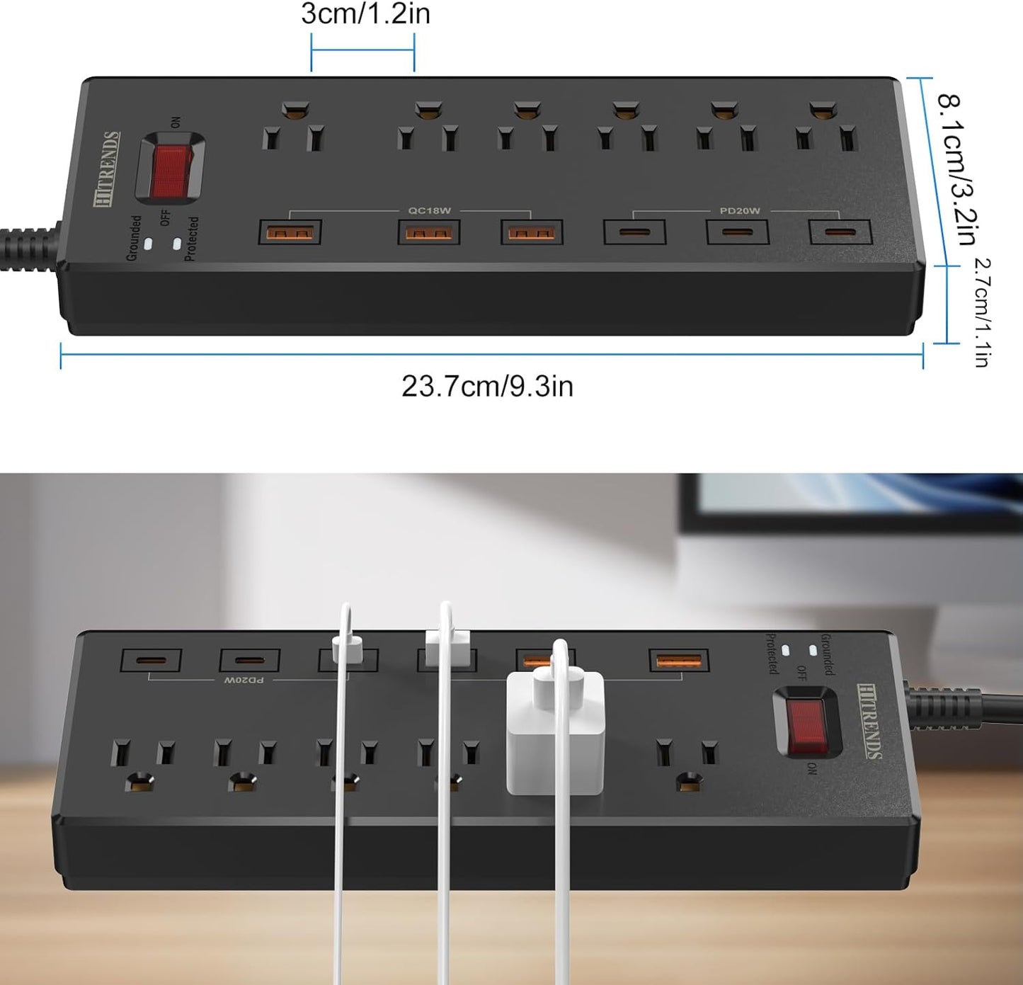 Surge Protector Power Strip with 6 AC Outlets and 6 USB Ports (3 USB-C & 3 USB-A), 20W PD Fast Charging, 6 Ft Flat Plug Extension Cord, 1625W/13A for Home Office Use