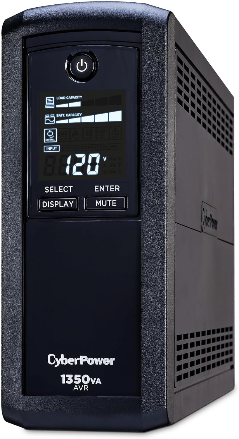 CP1350AVRLCD Intelligent LCD Uninterruptible Power Supply (UPS) with Surge Protection, 1350VA/815W, 10 Outlets, Automatic Voltage Regulation, Mini-Tower Design, UL Certified