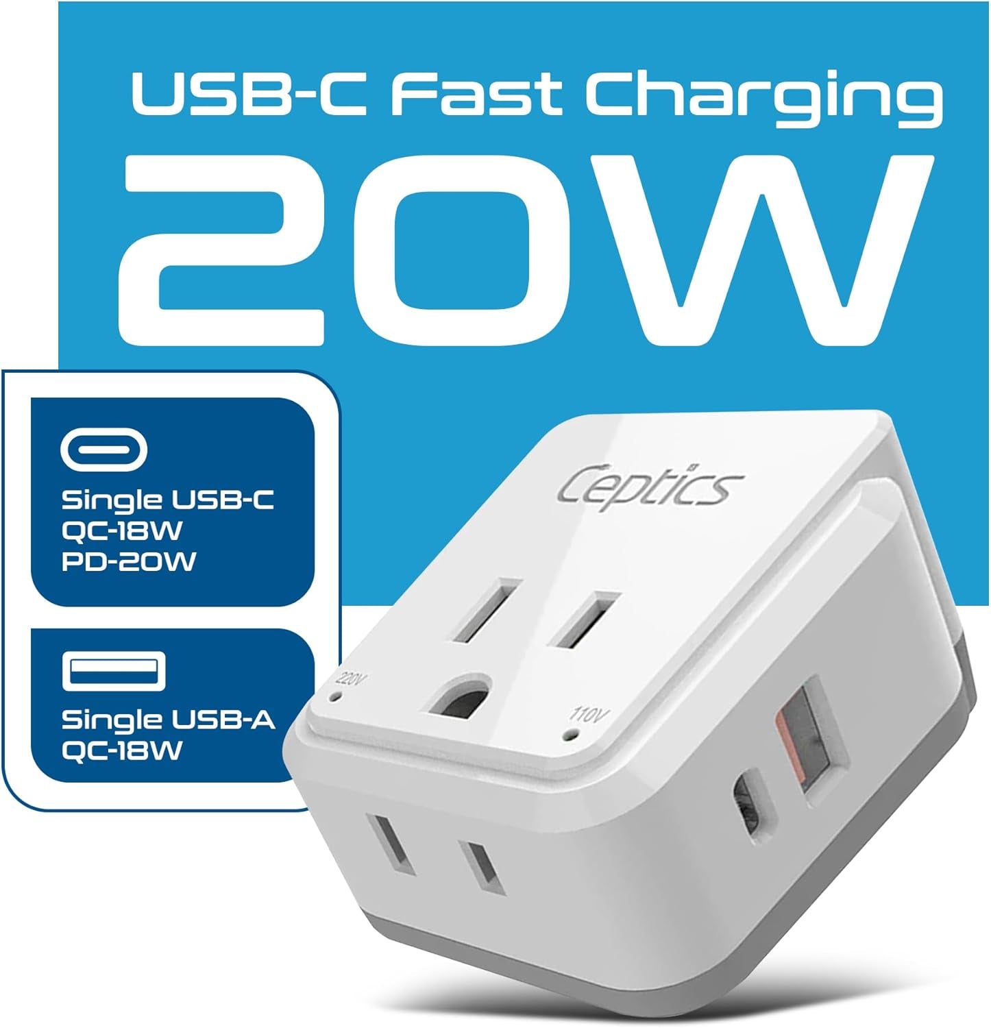 Australian Travel Adapter Set - 20W PD & QC, Type I, 4-in-1 with Dual USA Inputs, USB Port, and USB-C Port - Compatible with Australia, New Zealand, Fiji, and Argentina - Compact Design