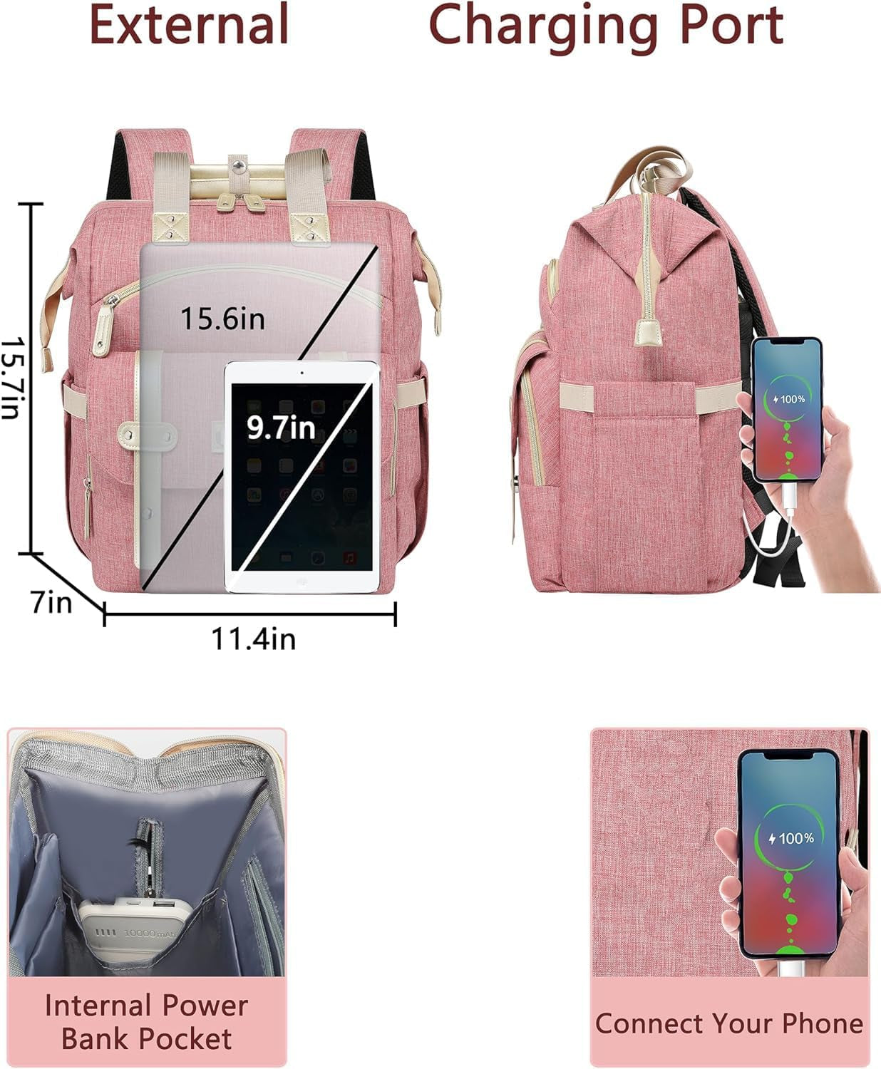 Women's Wide-Open Work Backpack: Large Student Bookbag for 15.6-Inch Laptop, Ideal for Professionals and Students, Water-Resistant Travel Bag in Pink