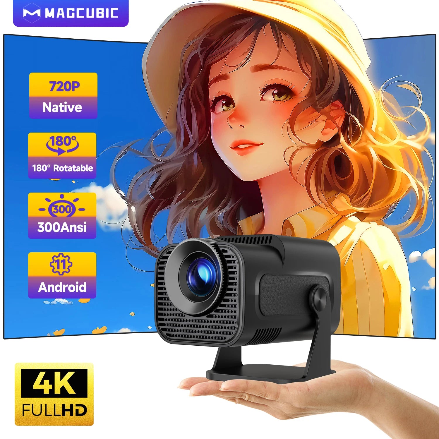 HY320 Mini Native 720P Android 11 4K Projector with 300 ANSI Lumens, WiFi 6, Bluetooth 5.0, Outdoor Portable Design, and 180° Rotatable Feature