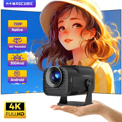 HY320 Mini Native 720P Android 11 4K Projector with 300 ANSI Lumens, WiFi 6, Bluetooth 5.0, Outdoor Portable Design, and 180° Rotatable Feature