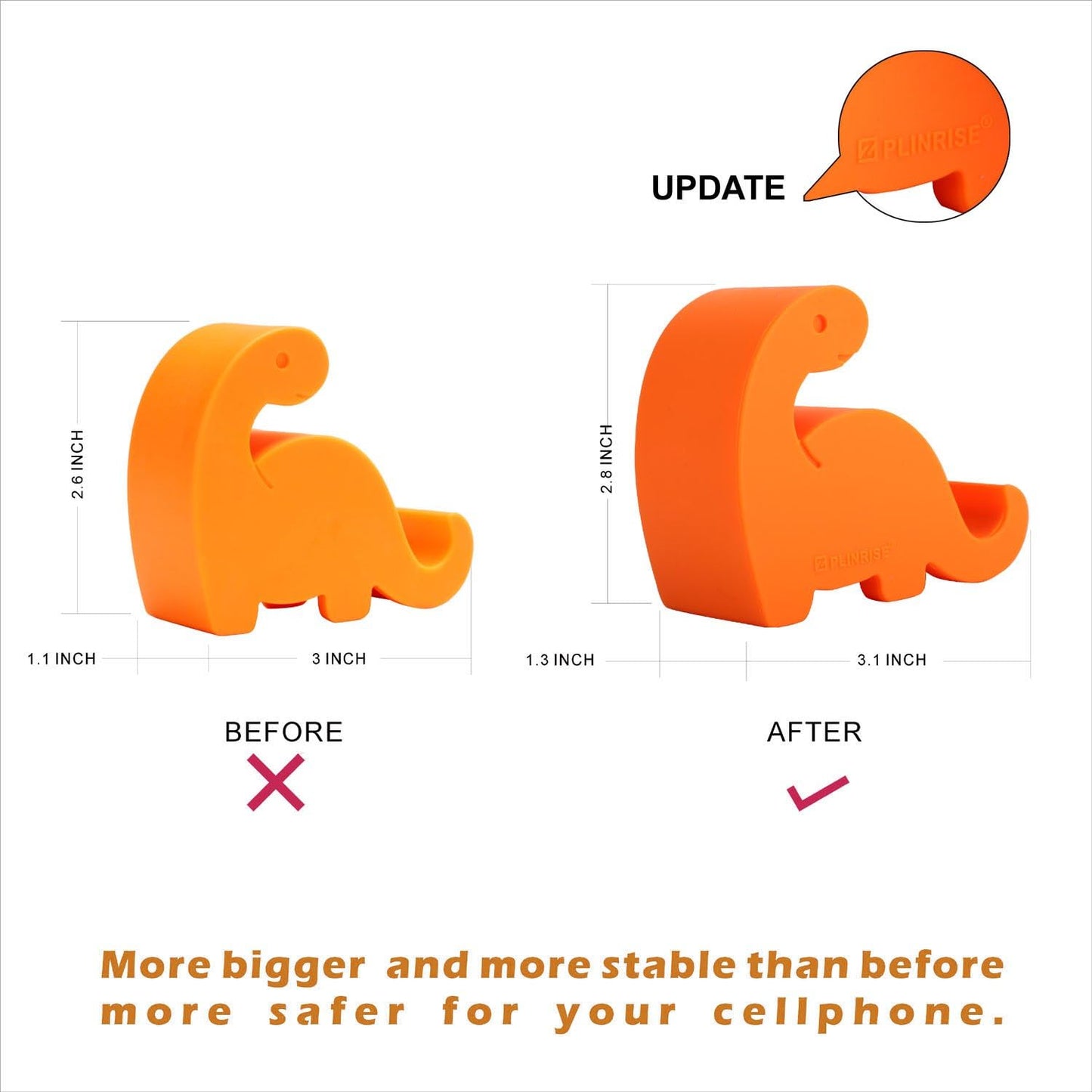 Plinrise Dinosaur Stripe Silicone Desk Phone Stand - Creative Holder for Phones and Tablets, Size: 1.3" x 3.0" x 2.7" (Orange)