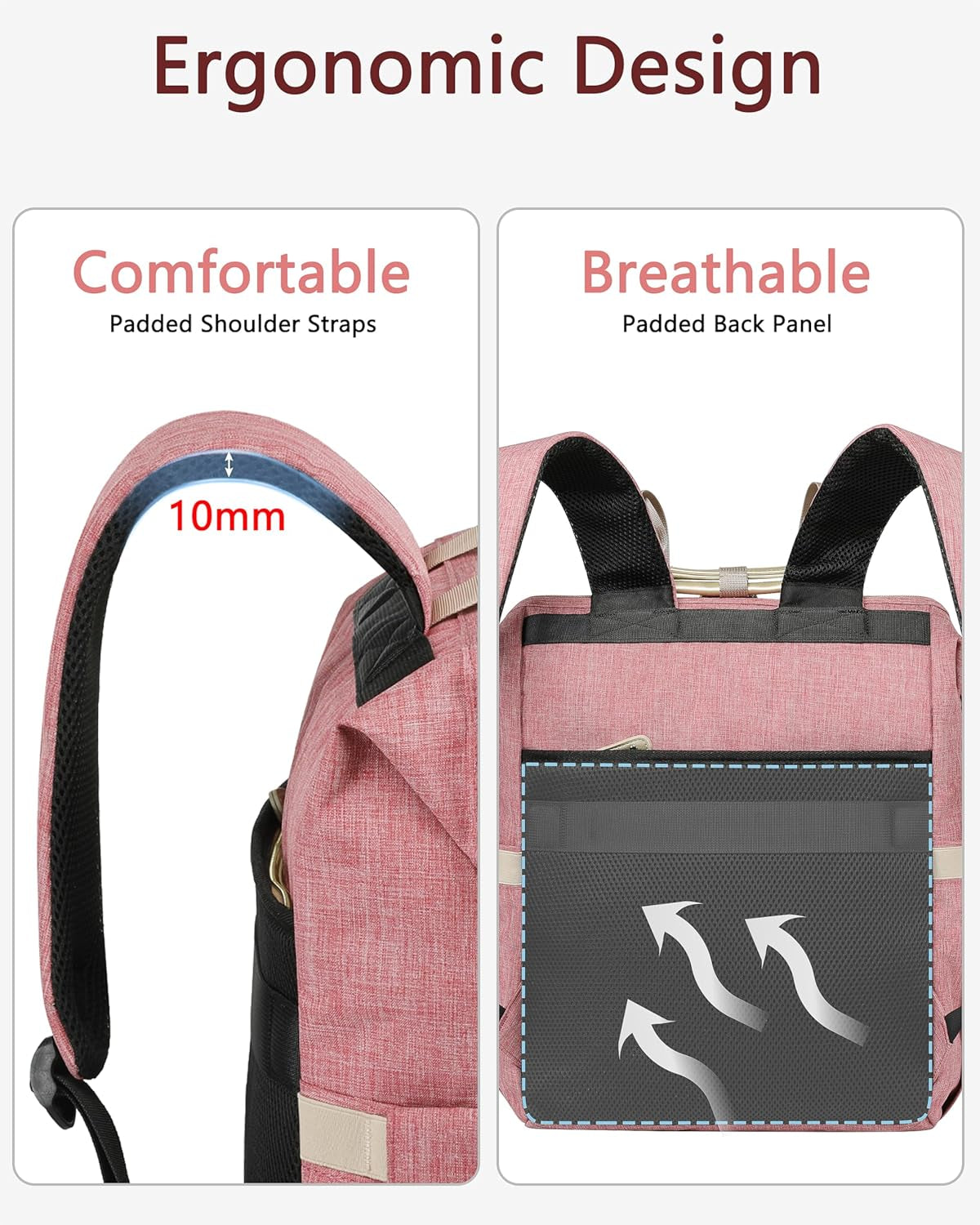 Women's Wide-Open Work Backpack: Large Student Bookbag for 15.6-Inch Laptop, Ideal for Professionals and Students, Water-Resistant Travel Bag in Pink