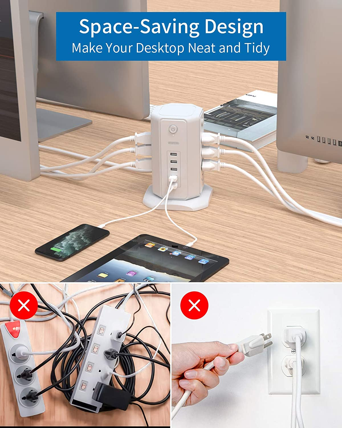 Power Strip Tower Surge Protector with 8 Outlets and 5 USB Ports, 1625W 13A Desktop Charging Station, 6Ft Flat Plug Extension Cord, Individual Switches, 1080 Joules Overload Protection for Home Office