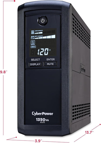 CP1350AVRLCD Intelligent LCD Uninterruptible Power Supply (UPS) with Surge Protection, 1350VA/815W, 10 Outlets, Automatic Voltage Regulation, Mini-Tower Design, UL Certified