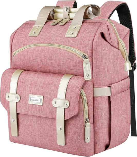 Women's Wide-Open Work Backpack: Large Student Bookbag for 15.6-Inch Laptop, Ideal for Professionals and Students, Water-Resistant Travel Bag in Pink