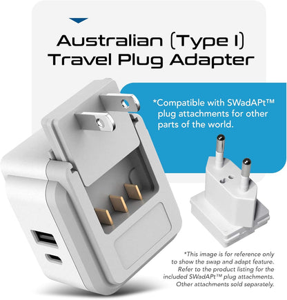Australian Travel Adapter Set - 20W PD & QC, Type I, 4-in-1 with Dual USA Inputs, USB Port, and USB-C Port - Compatible with Australia, New Zealand, Fiji, and Argentina - Compact Design