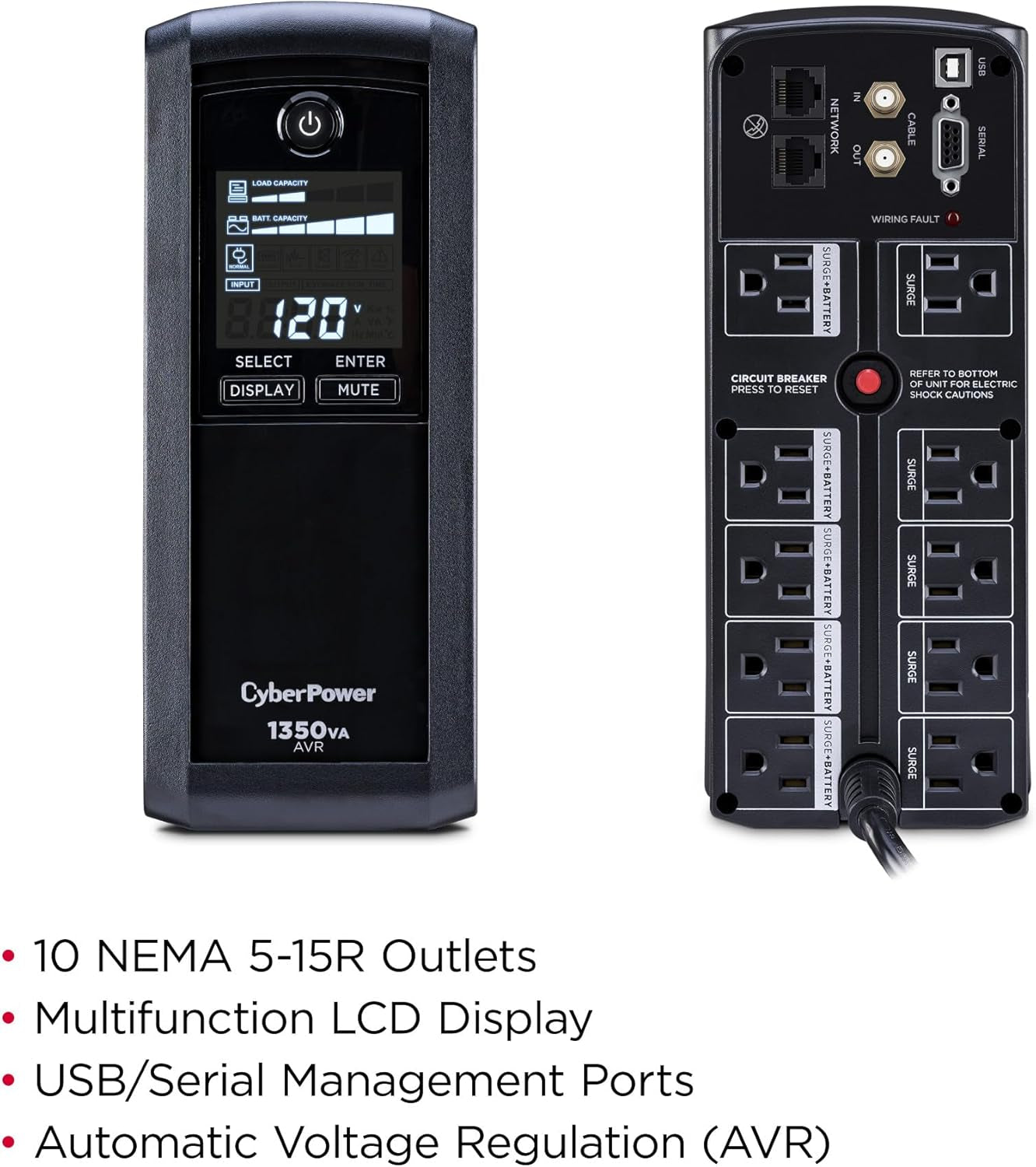 CP1350AVRLCD Intelligent LCD Uninterruptible Power Supply (UPS) with Surge Protection, 1350VA/815W, 10 Outlets, Automatic Voltage Regulation, Mini-Tower Design, UL Certified