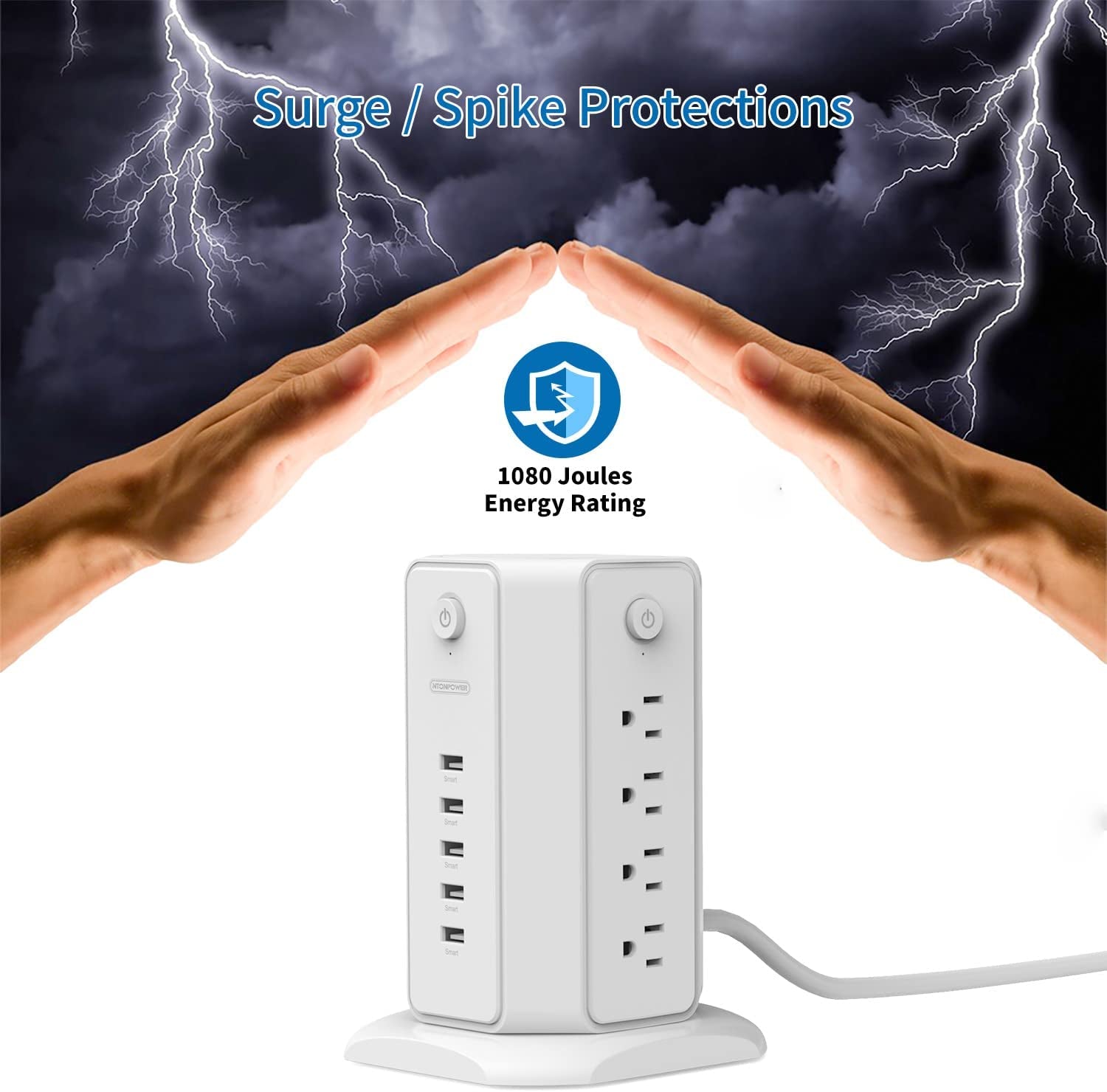 Power Strip Tower Surge Protector with 8 Outlets and 5 USB Ports, 1625W 13A Desktop Charging Station, 6Ft Flat Plug Extension Cord, Individual Switches, 1080 Joules Overload Protection for Home Office