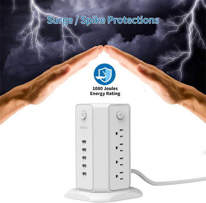 Power Strip Tower Surge Protector with 8 Outlets and 5 USB Ports, 1625W 13A Desktop Charging Station, 6Ft Flat Plug Extension Cord, Individual Switches, 1080 Joules Overload Protection for Home Office
