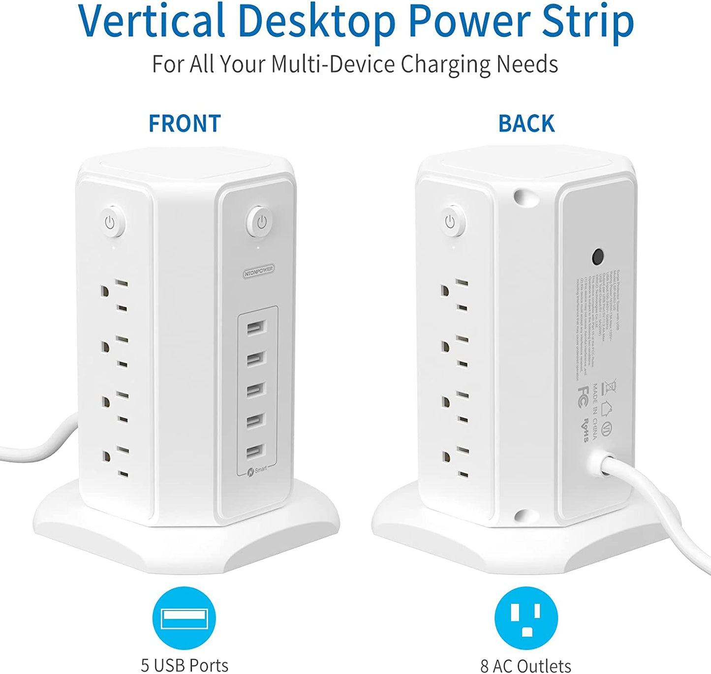 Power Strip Tower Surge Protector with 8 Outlets and 5 USB Ports, 1625W 13A Desktop Charging Station, 6Ft Flat Plug Extension Cord, Individual Switches, 1080 Joules Overload Protection for Home Office