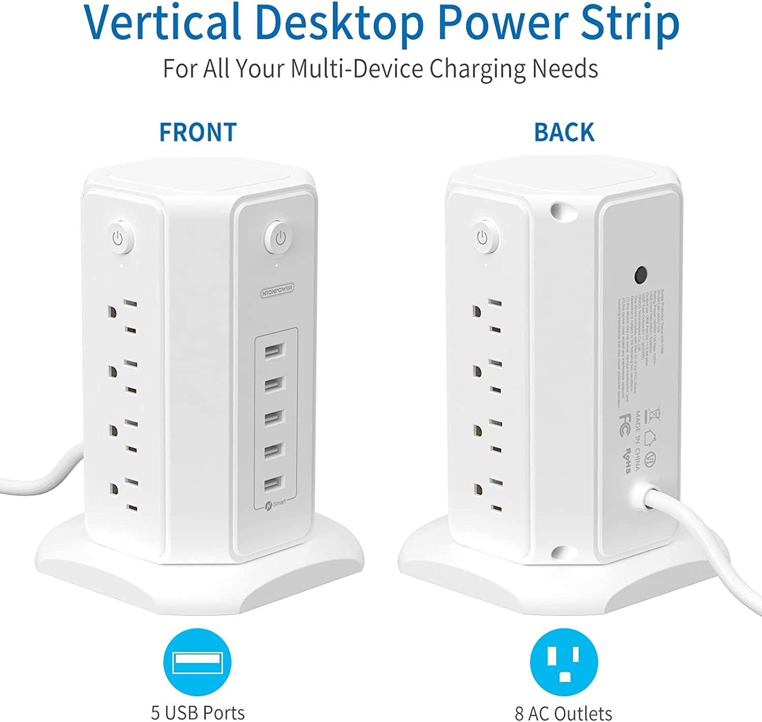 Power Strip Tower Surge Protector with 8 Outlets and 5 USB Ports, 1625W 13A Desktop Charging Station, 6Ft Flat Plug Extension Cord, Individual Switches, 1080 Joules Overload Protection for Home Office