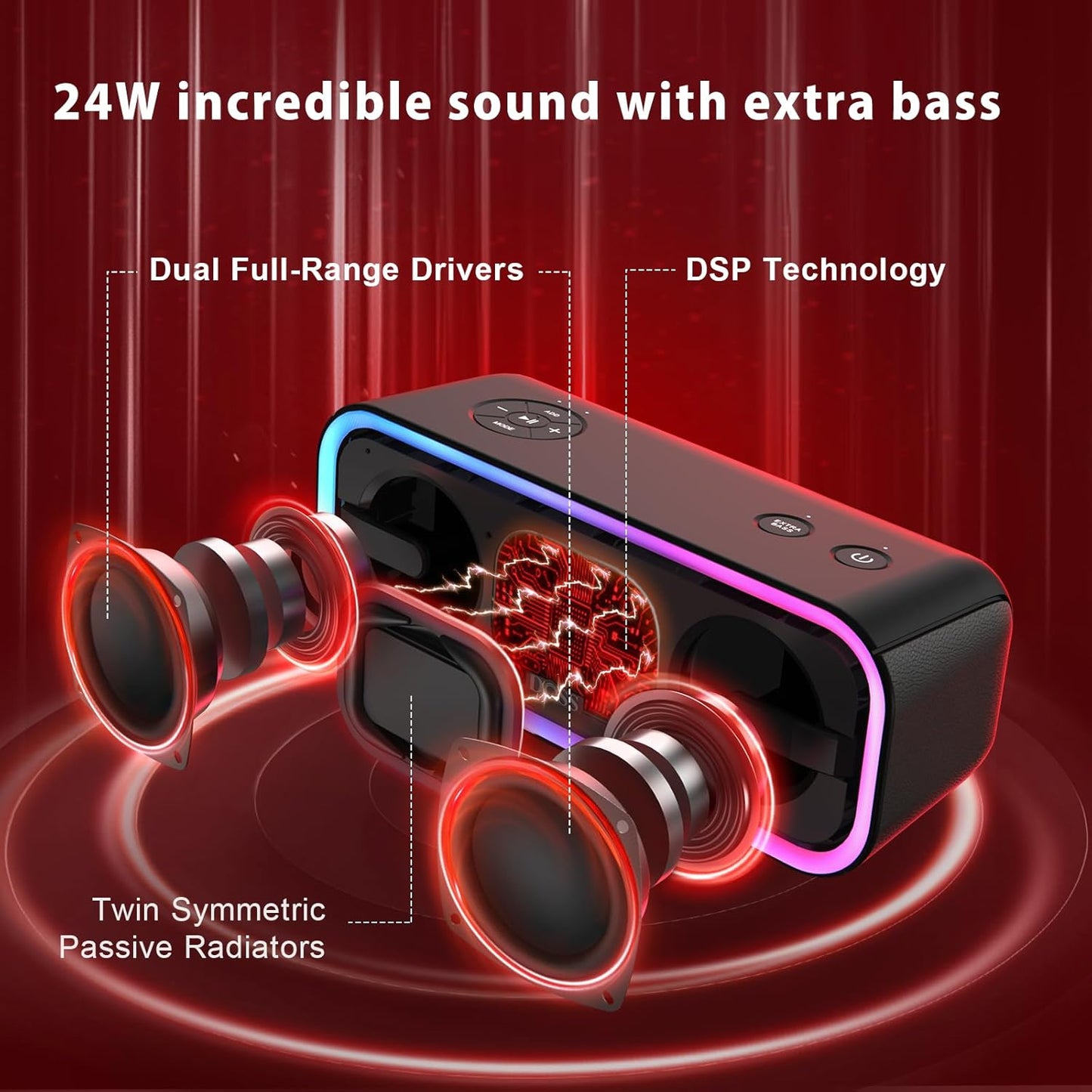 Soundbox Pro+ Bluetooth Speaker - 24W Immersive Stereo Sound with Enhanced Bass, IPX6 Waterproof Rating, 15 Hours Battery Life, Multi-Color Lighting, Wireless Design for Outdoor Activities and Events - Black