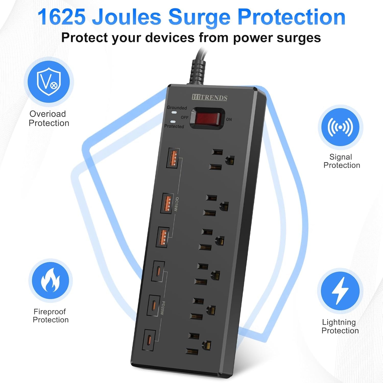 Surge Protector Power Strip with 6 AC Outlets and 6 USB Ports (3 USB-C & 3 USB-A), 20W PD Fast Charging, 6 Ft Flat Plug Extension Cord, 1625W/13A for Home Office Use