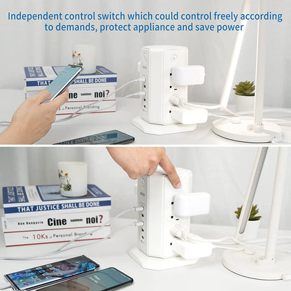 Power Strip Tower Surge Protector with 8 Outlets and 5 USB Ports, 1625W 13A Desktop Charging Station, 6Ft Flat Plug Extension Cord, Individual Switches, 1080 Joules Overload Protection for Home Office