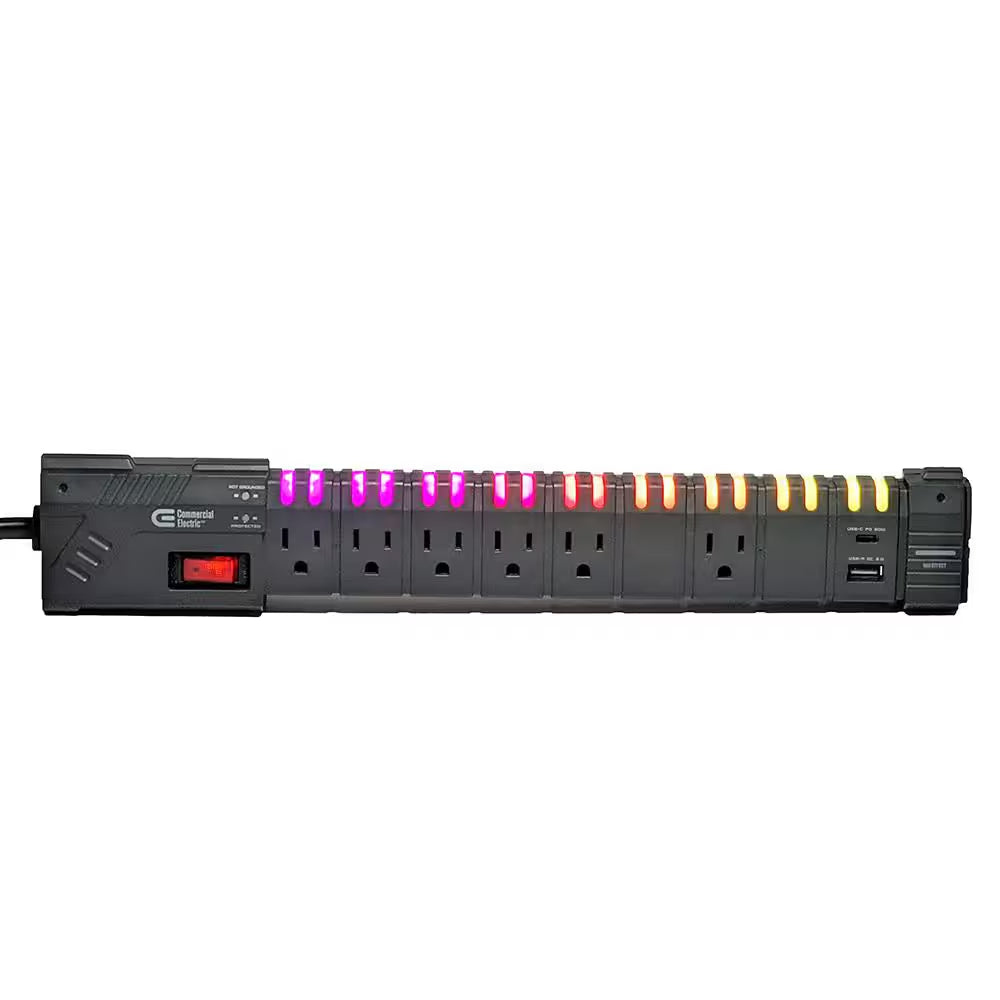6 Ft. 6-Outlet RGB Gaming Surge Protector with 1 USB-A and 1 USB-C, Black
