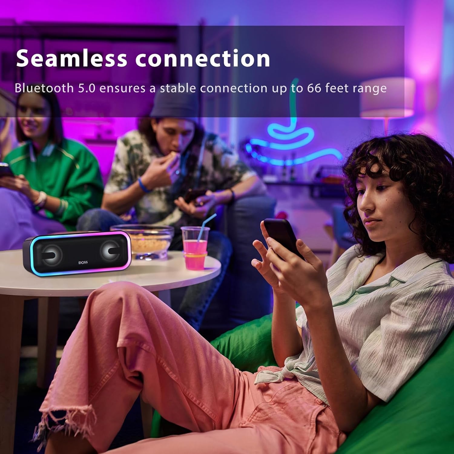 Soundbox Pro+ Bluetooth Speaker - 24W Immersive Stereo Sound with Enhanced Bass, IPX6 Waterproof Rating, 15 Hours Battery Life, Multi-Color Lighting, Wireless Design for Outdoor Activities and Events - Black