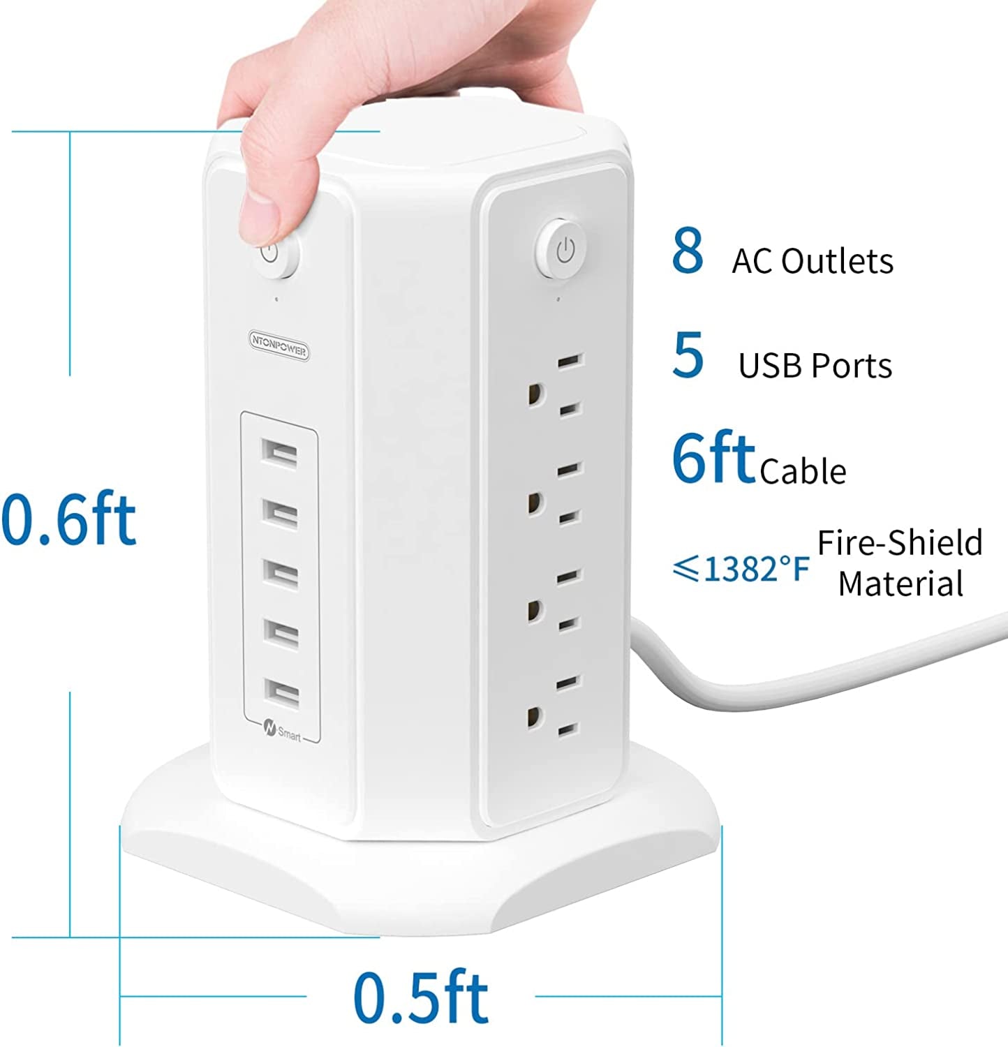 Power Strip Tower Surge Protector with 8 Outlets and 5 USB Ports, 1625W 13A Desktop Charging Station, 6Ft Flat Plug Extension Cord, Individual Switches, 1080 Joules Overload Protection for Home Office
