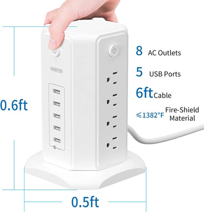 Power Strip Tower Surge Protector with 8 Outlets and 5 USB Ports, 1625W 13A Desktop Charging Station, 6Ft Flat Plug Extension Cord, Individual Switches, 1080 Joules Overload Protection for Home Office