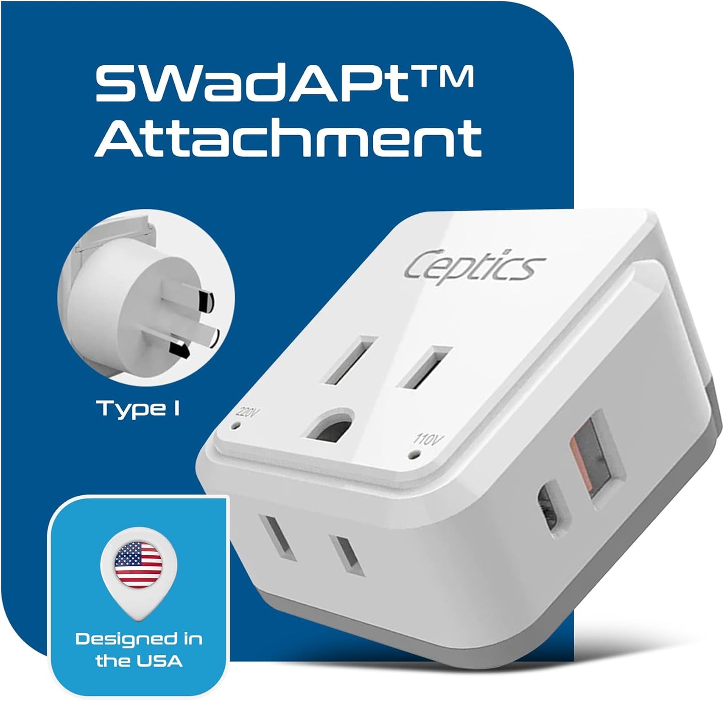 Australian Travel Adapter Set - 20W PD & QC, Type I, 4-in-1 with Dual USA Inputs, USB Port, and USB-C Port - Compatible with Australia, New Zealand, Fiji, and Argentina - Compact Design